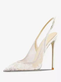 Chaussures de soirée en dentelle blanches à bout pointu et talon haut