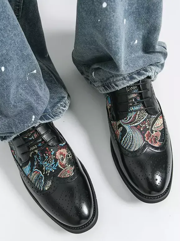 Chaussures Derby noires pour hommes bout rond imprimées style Oxford