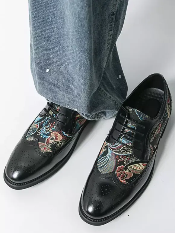 Chaussures Derby noires pour hommes bout rond imprimées style Oxford