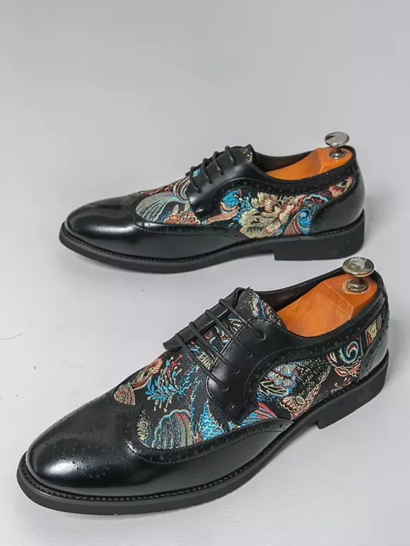 Chaussures Derby noires pour hommes bout rond imprimées style Oxford