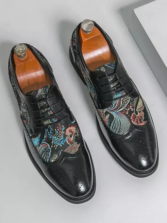 Chaussures Derby noires pour hommes bout rond imprimées style Oxford