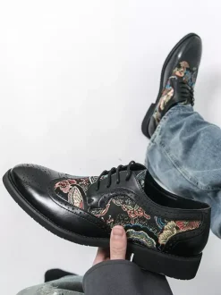 Chaussures Derby noires pour hommes bout rond imprimées style Oxford