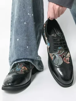 Chaussures Derby noires pour hommes bout rond imprimées style Oxford