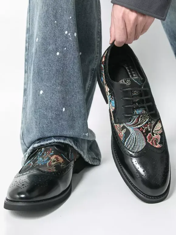Chaussures Derby noires pour hommes bout rond imprimées style Oxford