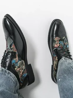 Chaussures Derby noires pour hommes bout rond imprimées style Oxford