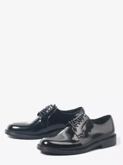 Chaussures Derby pour hommes en cuir véritable noir bout rond à lacets pour soirées et bals de promo