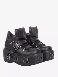 Chaussures Gothic Lolita noires à plateforme et 艙illets en cuir PU