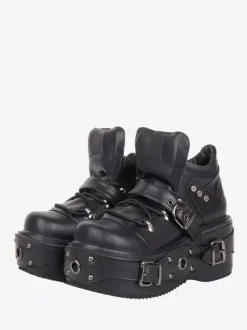 Chaussures Gothic Lolita noires à plateforme et 艙illets en cuir PU