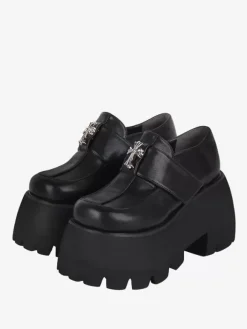 Chaussures gothiques Lolita avec croix noire détails en métal bout rond chaussures Lolita en cuir PU