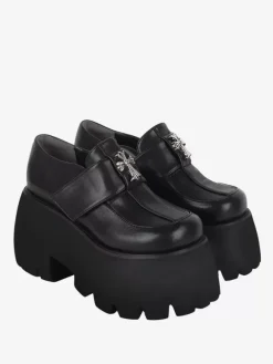 Chaussures gothiques Lolita avec croix noire détails en métal bout rond chaussures Lolita en cuir PU