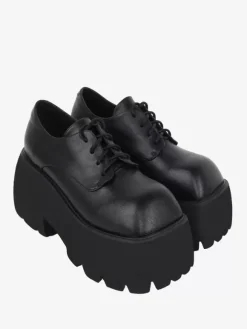 Chaussures gothiques Lolita noires à lacets en cuir PU à talons compensés chaussures Lolita