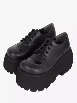 Chaussures gothiques épais Lolita noires en cuir PU à bout rond