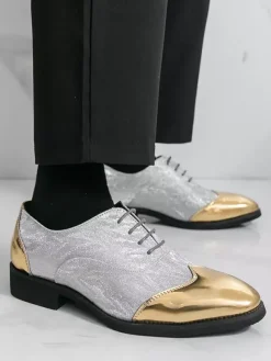 Chaussures habillées dorées pour hommes bout rond patchwork lacets chaussures décontractées