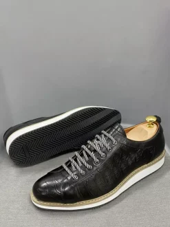 Chaussures habillées pour hommes motif crocodile à lacets faites à la main en cuir véritable