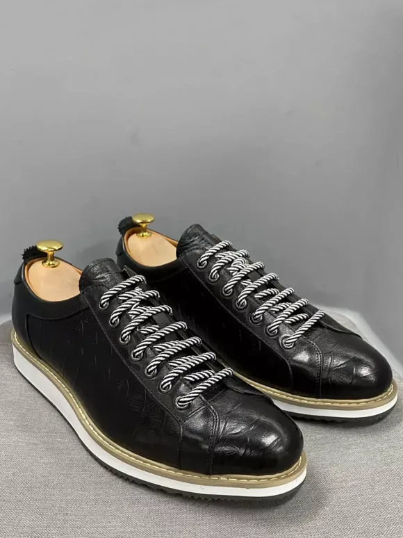 Chaussures habillées pour hommes motif crocodile à lacets faites à la main en cuir véritable