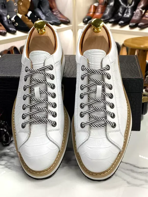 Chaussures habillées pour hommes motif crocodile à lacets faites à la main en cuir véritable