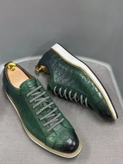 Chaussures habillées pour hommes motif crocodile à lacets faites à la main en cuir véritable