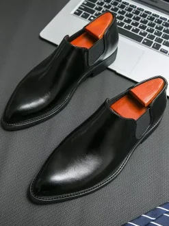 Chaussures habillées pour hommes à enfiler bout pointu en cuir synthétique semelle en caoutchouc antidérapante style Chelsea chaussures décontractées à talon bas