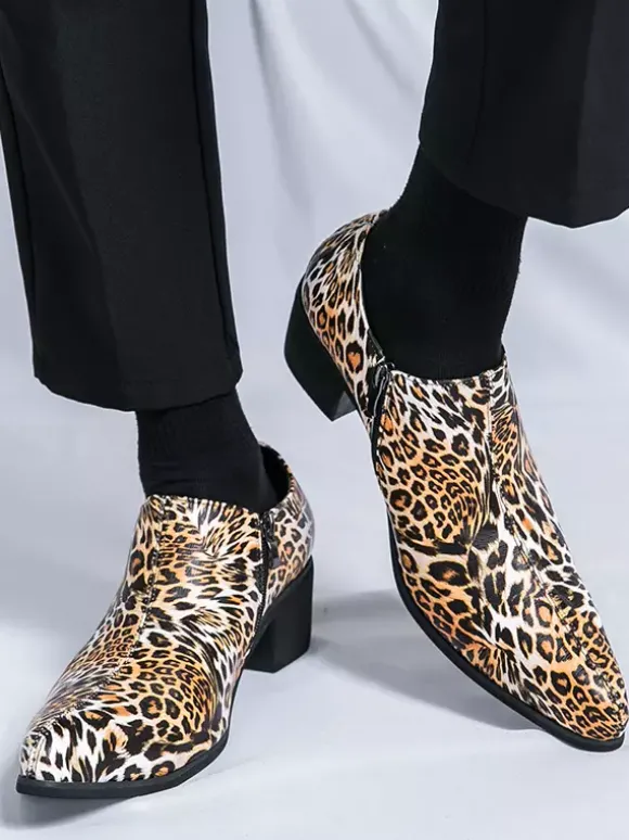 Chaussures habillées pour hommes à bout pointu et talon compensé léopard
