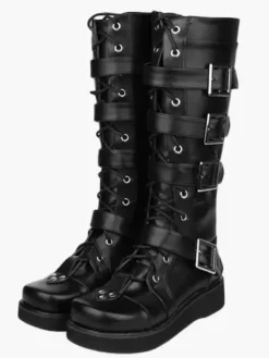 Chaussures Lolita Bottes de mode haut talon compensé plateforme en Synthétique noires avec boucles et sangles Déguisements Halloween