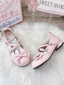 Chaussures Lolita classiques roses à n艙uds et lapins en cuir PU à talons compensés.