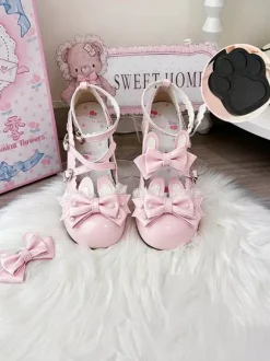 Chaussures Lolita classiques roses à n艙uds et lapins en cuir PU à talons compensés.