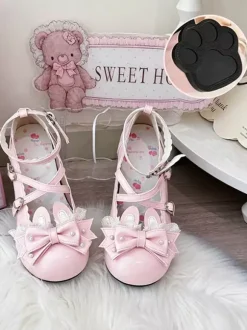 Chaussures Lolita classiques roses à n艙uds et lapins en cuir PU à talons compensés.