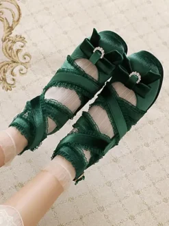 Chaussures Lolita de style ROCOCO Chaussures Lolita en nubuck à bout rond avec n艙uds en dentelle noire et volants