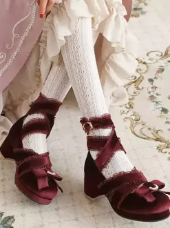 Chaussures Lolita de style ROCOCO Chaussures Lolita en nubuck à bout rond avec n艙uds en dentelle noire et volants