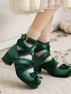 Chaussures Lolita de style ROCOCO Chaussures Lolita en nubuck à bout rond avec n艙uds en dentelle noire et volants
