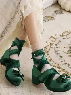 Chaussures Lolita de style ROCOCO Chaussures Lolita en nubuck à bout rond avec n艙uds en dentelle noire et volants