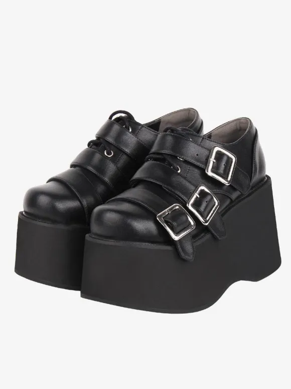 Chaussures Lolita gothiques Chaussures Lolita en cuir PU à lacets noirs
