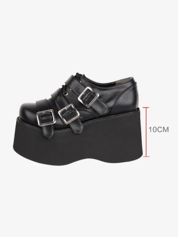 Chaussures Lolita gothiques Chaussures Lolita en cuir PU à lacets noirs