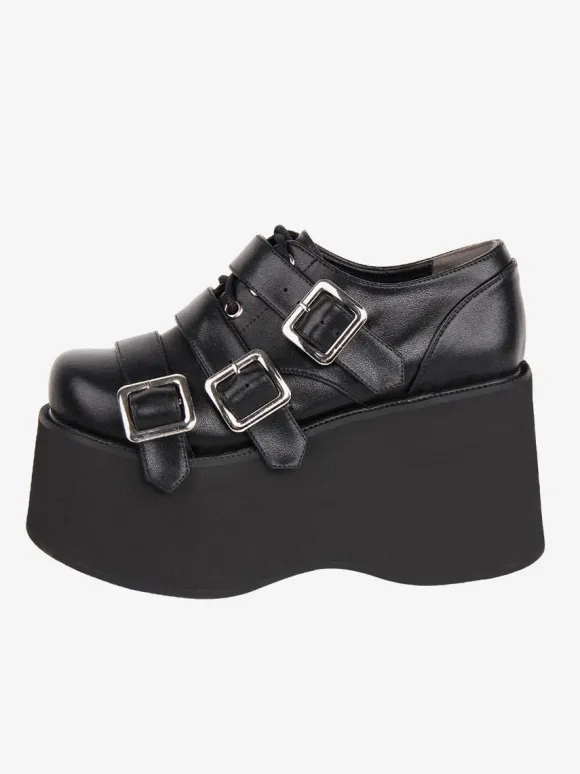 Chaussures Lolita gothiques Chaussures Lolita en cuir PU à lacets noirs