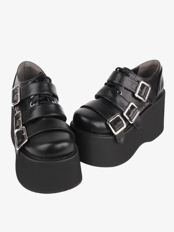 Chaussures Lolita gothiques Chaussures Lolita en cuir PU à lacets noirs