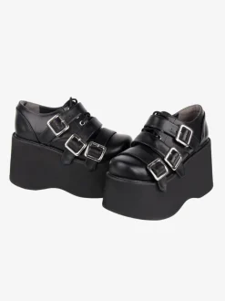 Chaussures Lolita gothiques Chaussures Lolita en cuir PU à lacets noirs