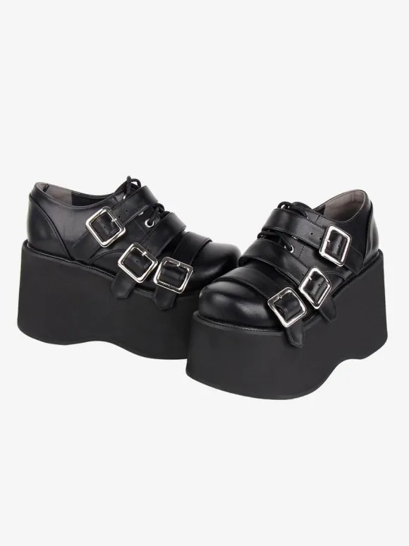Chaussures Lolita gothiques Chaussures Lolita en cuir PU à lacets noirs
