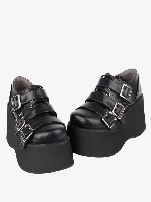 Chaussures Lolita gothiques Chaussures Lolita en cuir PU à lacets noirs