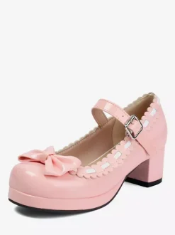 Chaussures Lolita gothiques Mary Jane à talons mi-hauts à volants et à bout rond couleur rouge