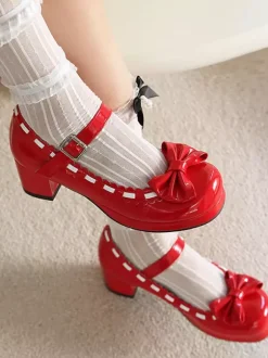 Chaussures Lolita gothiques Mary Jane à talons mi-hauts à volants et à bout rond couleur rouge