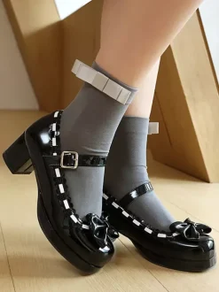 Chaussures Lolita gothiques Mary Jane à talons mi-hauts à volants et à bout rond couleur rouge