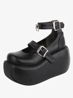 Chaussures Lolita Gothiques Oeillets Noirs Cuir PU Talon Compensé Chaussures Lolita