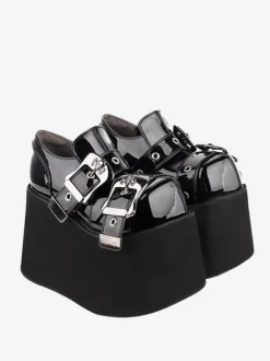 Chaussures Lolita gothiques 艗illets noirs Escarpins Lolita à talons compensés en cuir PU