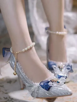 Chaussures Lolita Hime de mariage douces bloc de couleur argenté volants n艙uds bout pointu escarpins Lolita