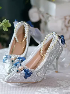 Chaussures Lolita Hime de mariage douces bloc de couleur argenté volants n艙uds bout pointu escarpins Lolita