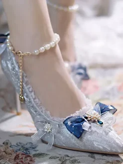Chaussures Lolita Hime de mariage douces bloc de couleur argenté volants n艙uds bout pointu escarpins Lolita