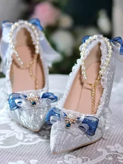 Chaussures Lolita Hime de mariage douces bloc de couleur argenté volants n艙uds bout pointu escarpins Lolita