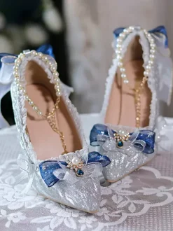 Chaussures Lolita Hime de mariage douces bloc de couleur argenté volants n艙uds bout pointu escarpins Lolita