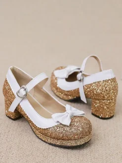 Chaussures Lolita Mignonne Paillettes Bout rond Chaussures Lolita en cuir PU