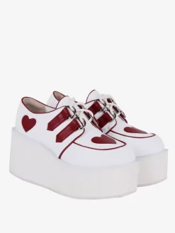 Chaussures Lolita Steampunk blanches à lacets motif c艙urs chaussures Lolita à talons compensés en cuir PU